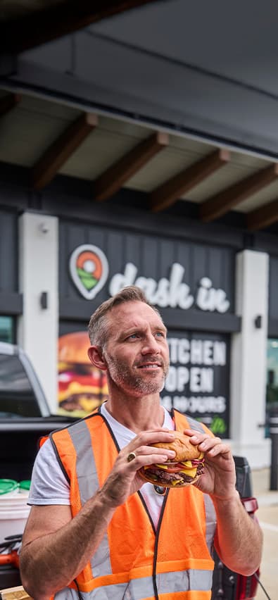 Construction worker at Dash In - mobile